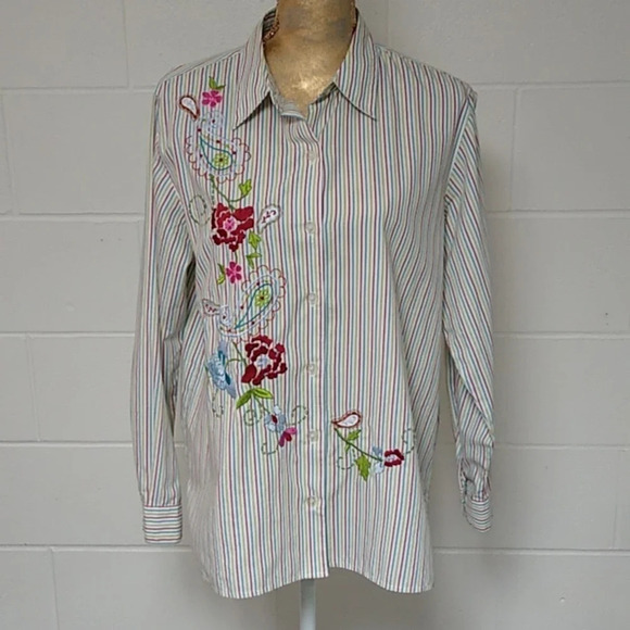 BRECKENRIDGE/STRIPE/ FLORAL PAISELY EMBROIDERY/SIDE VENT/BUTTON UP SHIRT BLOUSE - Picture 1 of 10